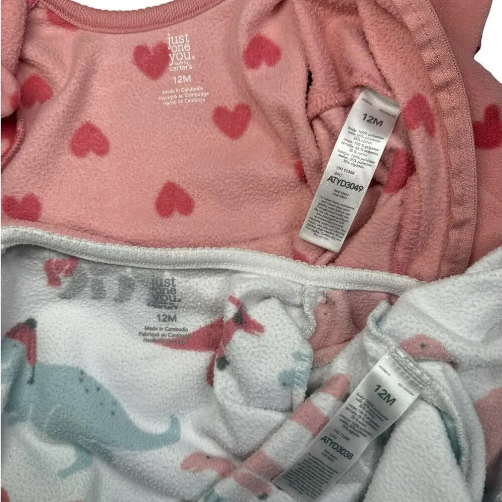 Carters Footie Sleeper PJs Girls Hearts Dinosaurs White Pink 12 Months